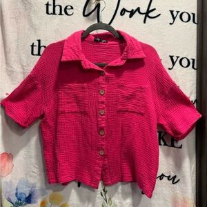 Hot pink Shein Textured Button Down short Sleeve top Size Large